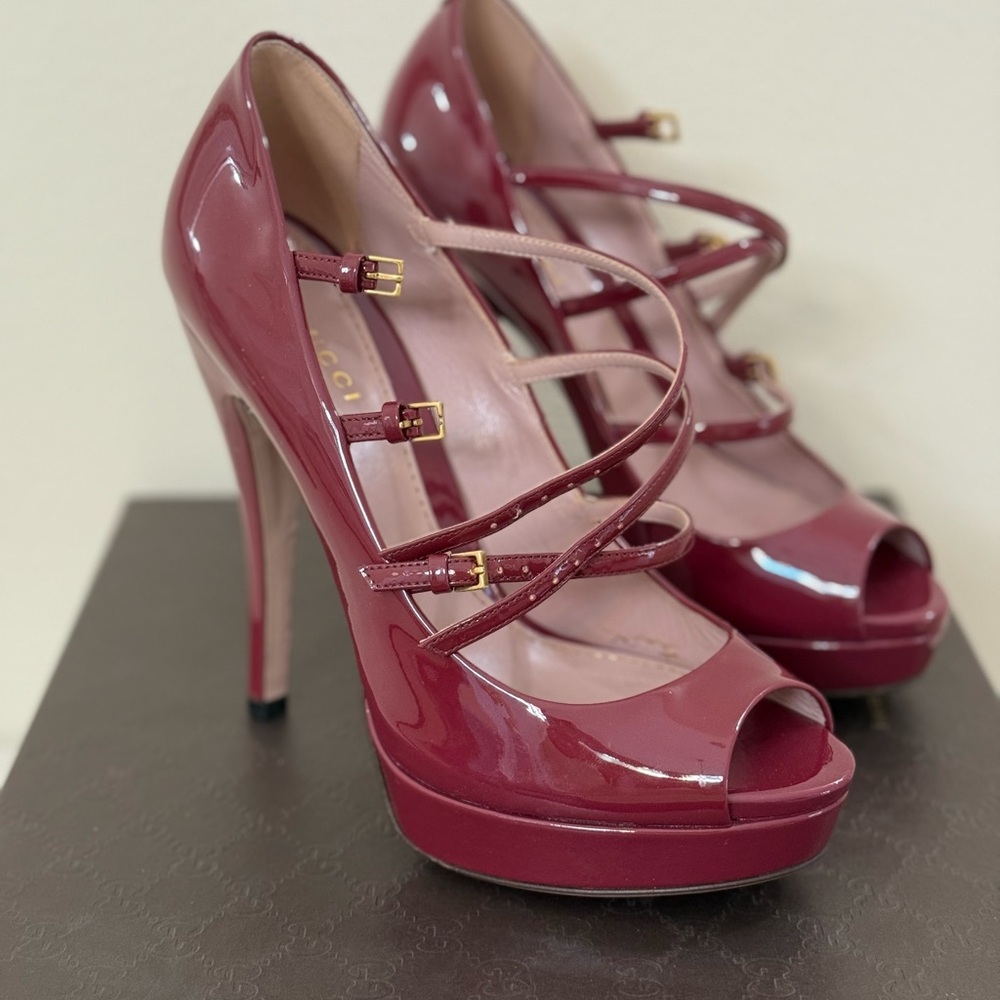 Gucci Women's Glossy Maroon Strappy Heels